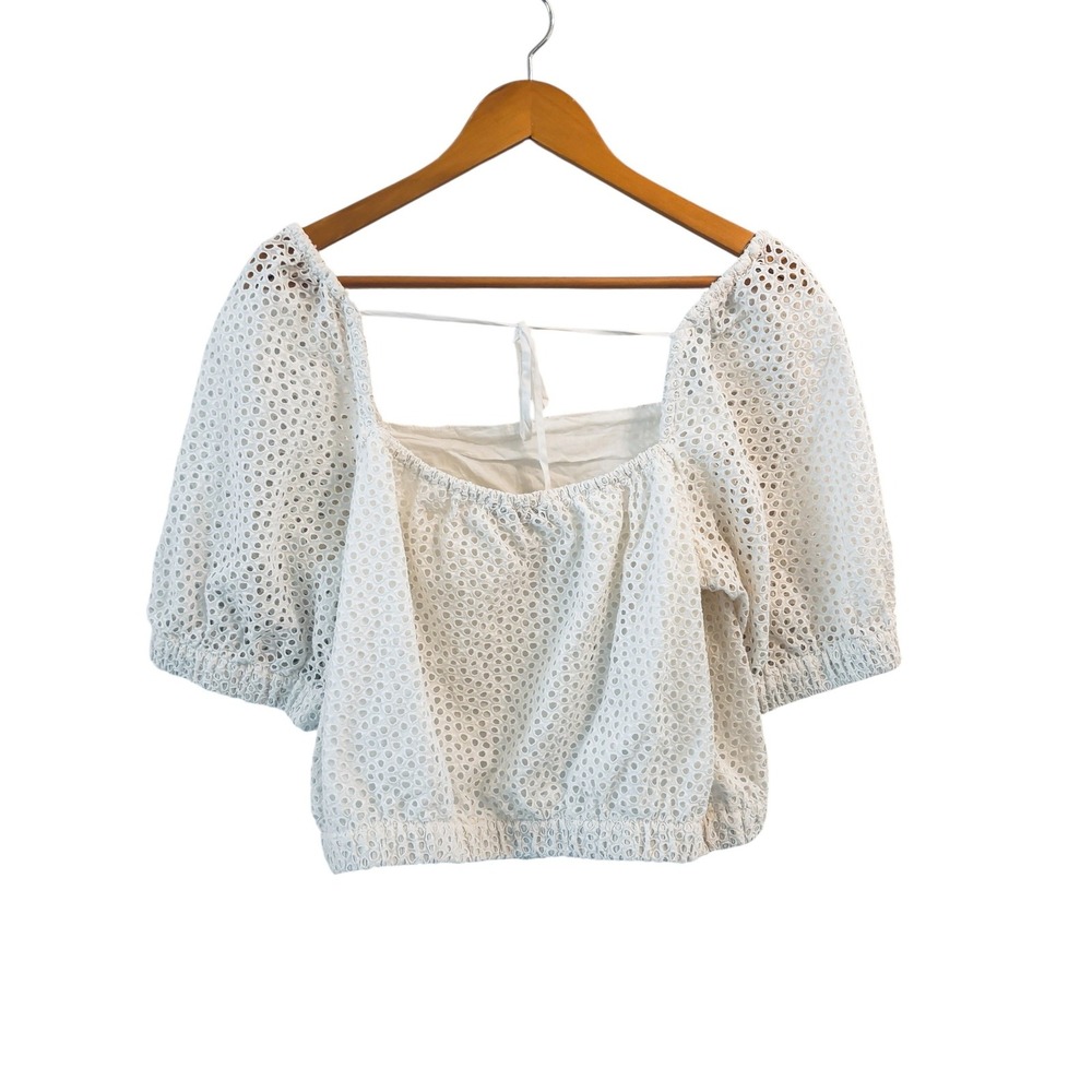 Everlane Womens Top Size L White‎ Eyelet Puff Sleeve Cotton Crop Peasant Blouse - Picture 2 of 9
